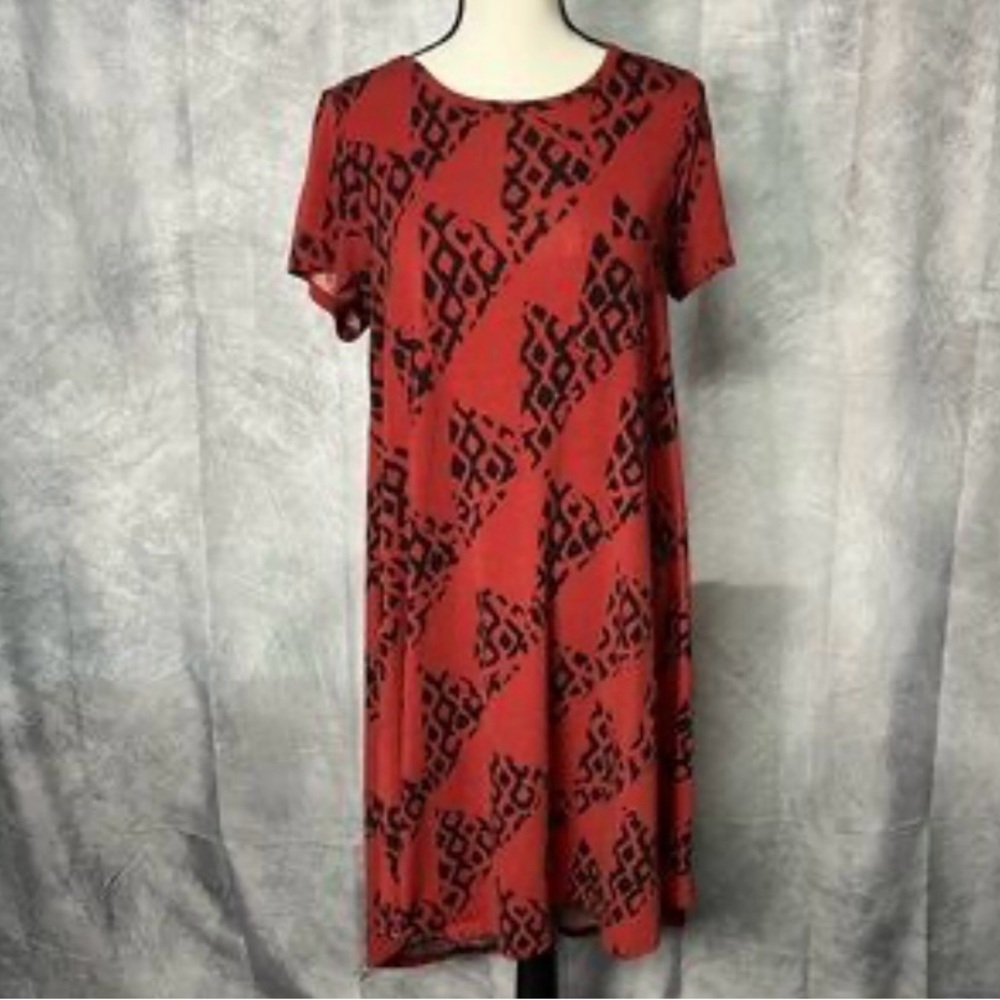 LuLaRoe Carly swing midi hi low dress rust black geometric pattern Medium NWT